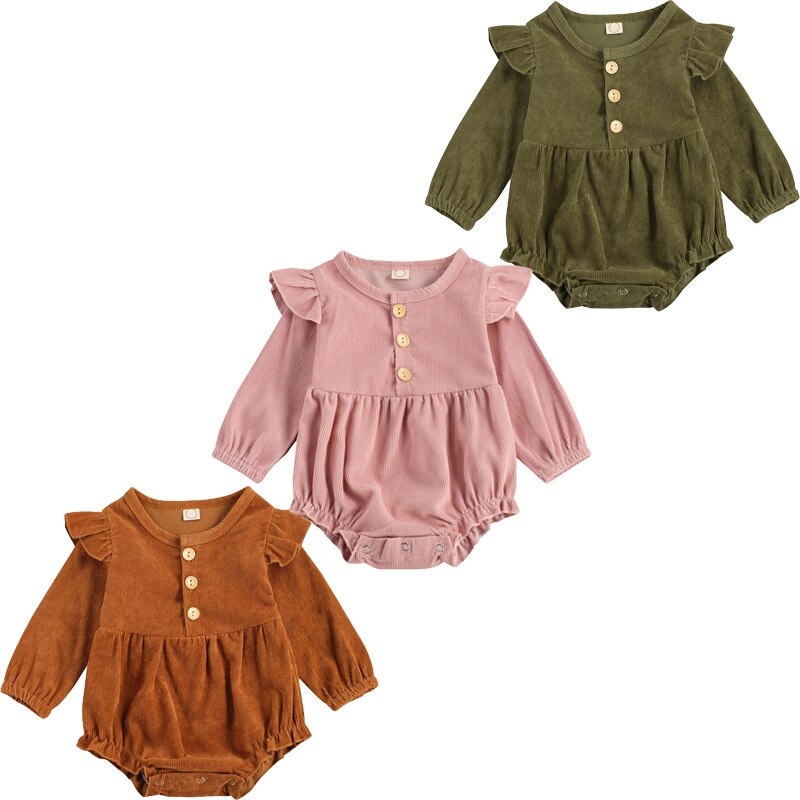 Focusnorm Herfst Mooie Baby Meisjes Jongens Bodysuits Knop Lange Mouwen Ruches Effen Jumpsuits 3 Kleuren