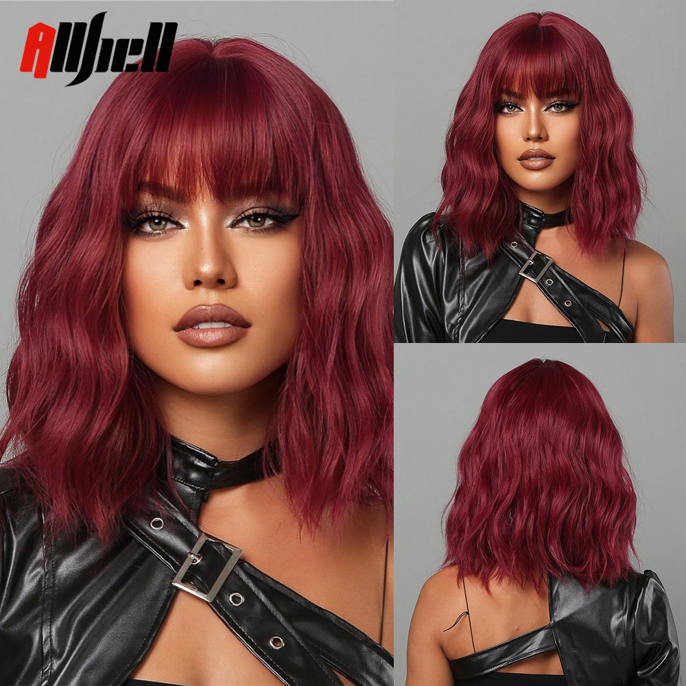 Pelucas onduladas naturales sintéticas de jengibre y cobre corto, peluca Bob naranja para Halloween con flequillo resistente al calor para mujer, peluca de Cosplay: Color natural