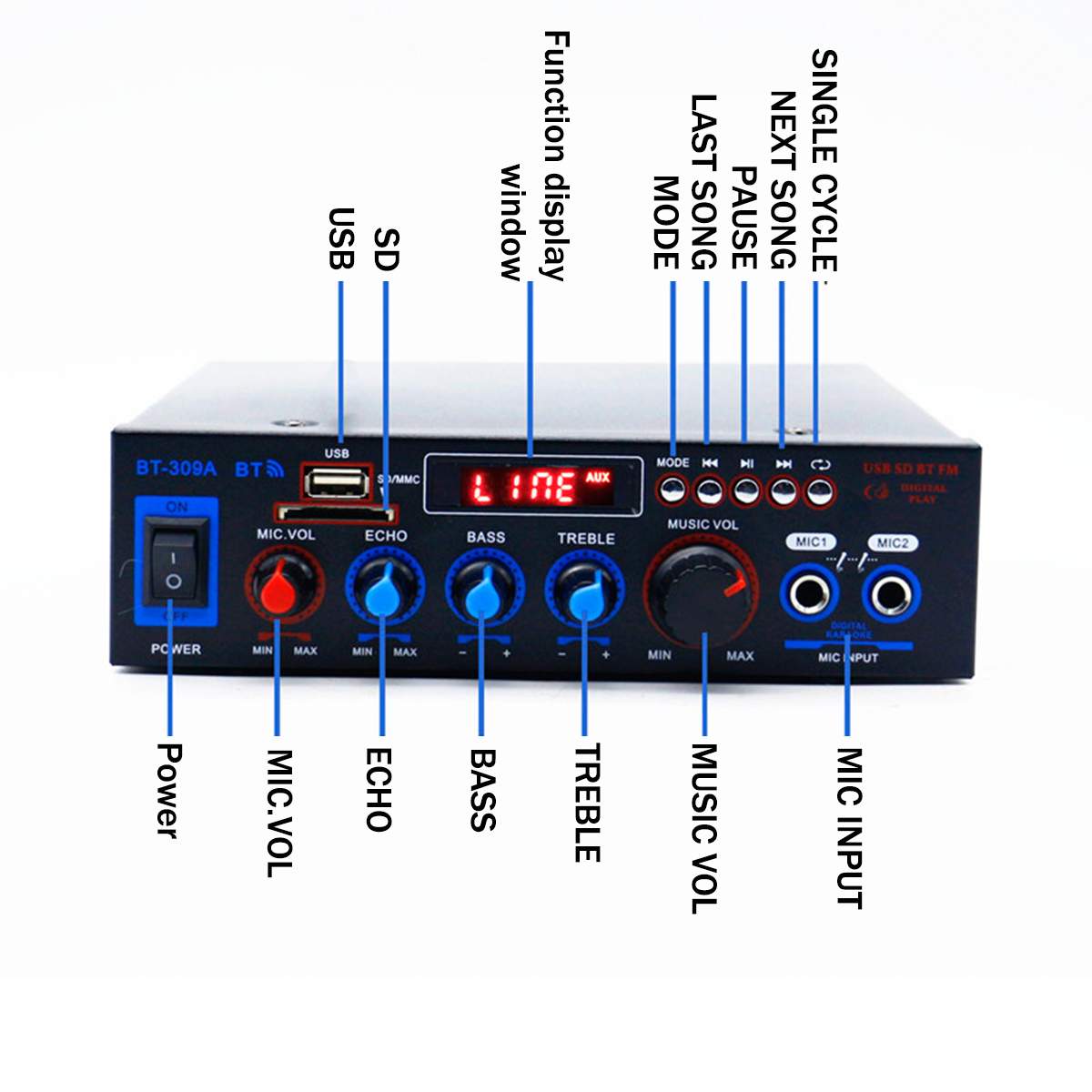 Car Digital Amplifier 800W Home Amplifiers Audio bluetooth Amplifier Subwoofer Powerful Audio Support USB SD FM Reverb Function