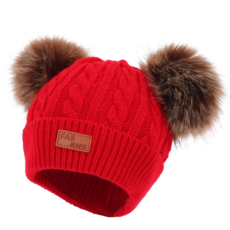Gorro de Crochet para bebé doble extraíble, Gorro con pompón para niñas pequeñas, gorros de invierno para niños con pompón de piel sintética, gorros para niños: Rojo