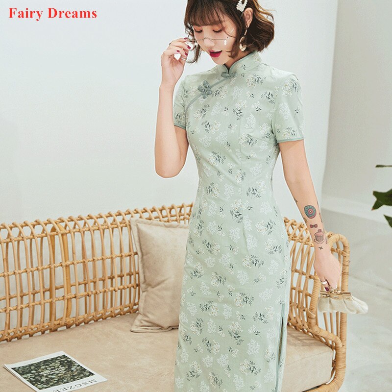Qipao-vestido verde brillante, mujer, de manga corta, algodón y lino, estampado de flores, Cheongsam moderno, novedad de verano