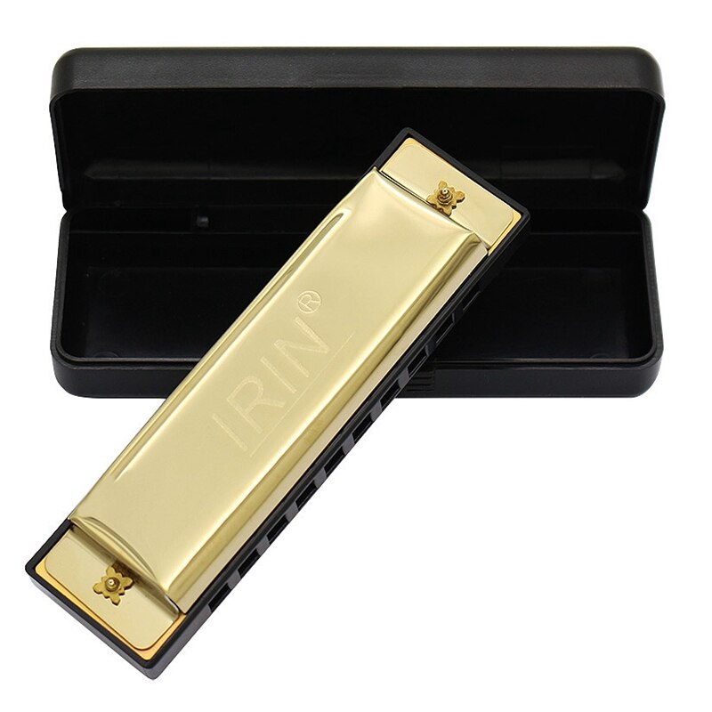 IRIN Gold 10 Holes 20 Tone Blues Harmonica Key of C Mouth Organ Musical Instrument with Black Storage Box