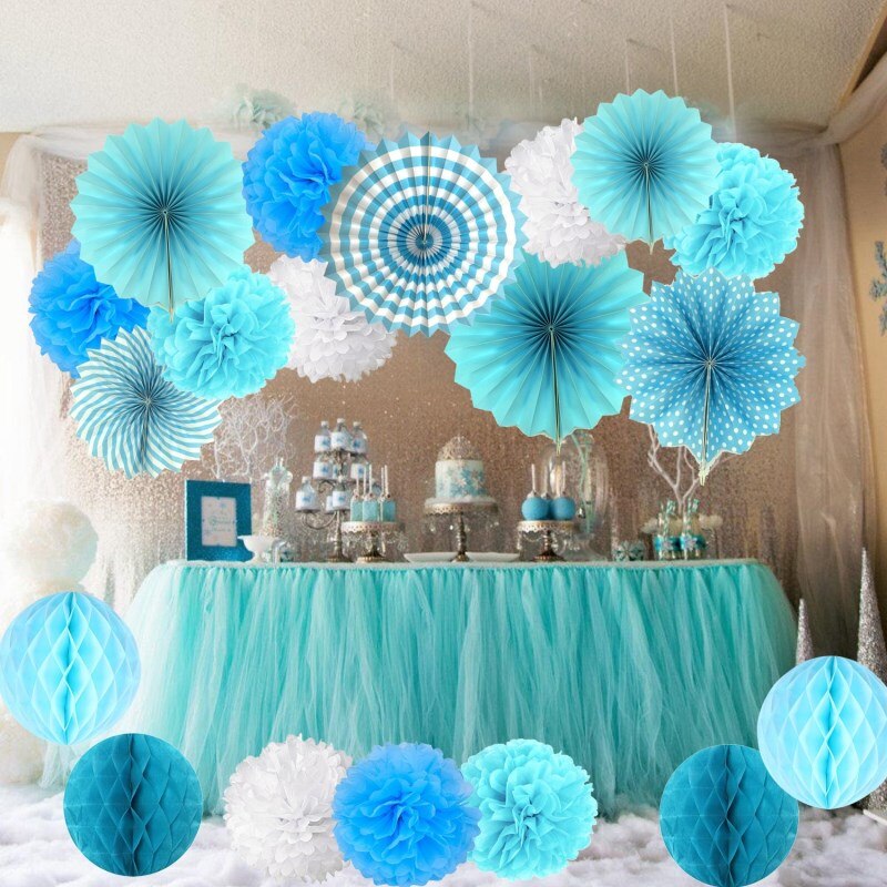 19 stk / sæt blå silkepapir pom poms blomstervifte og bikagekugler til fødselsdag baby shower bryllupsfestival dekorationer