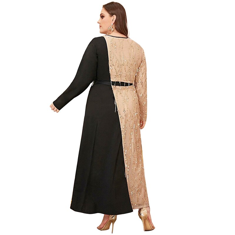 Lovertjes Contrast Patchwork Elegante Partij Jurk Plus Size 5XL Vrouwen Zomer Lange Mouwen Casaul Jurk Maxi Lange Moslim Jurken