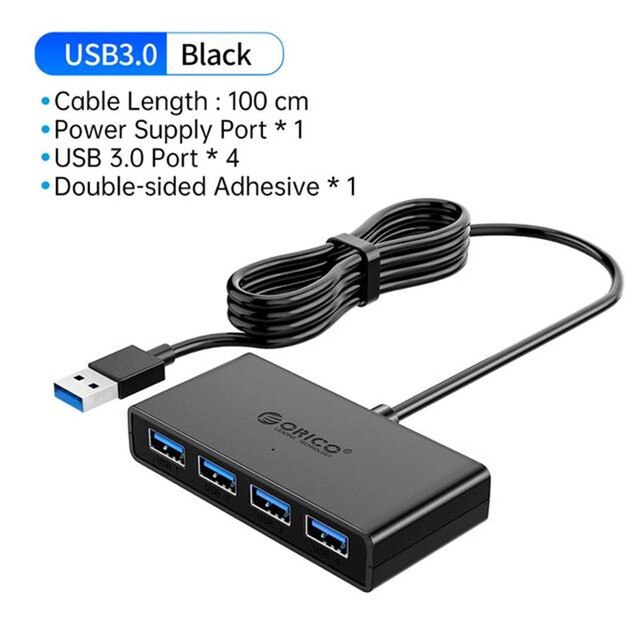 ORICO-HUB con 4 puertos USB 3,0, divisor, adaptador OTG de alta velocidad para ordenador, portátil, accesorios con puerto de alimentación Micro USB múltiple: Black 100 CM