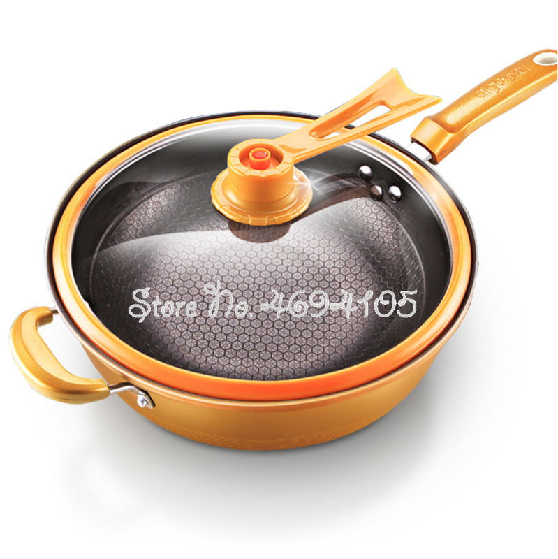 Vacuüm Wok Non Stick Pan Met Cover Geen Olie Rook Pot Ijzeren Pot Huishouden Keuken Inductie Fornuis Universele Pan