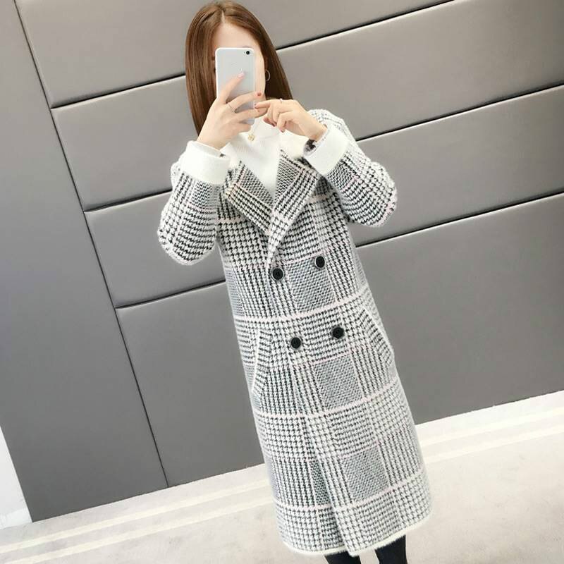 Female Casual Thickening Plaid Plus Size Mink Velvet Overcoat Winter Medium Long Double-breasted Blend Coat: 4 / L