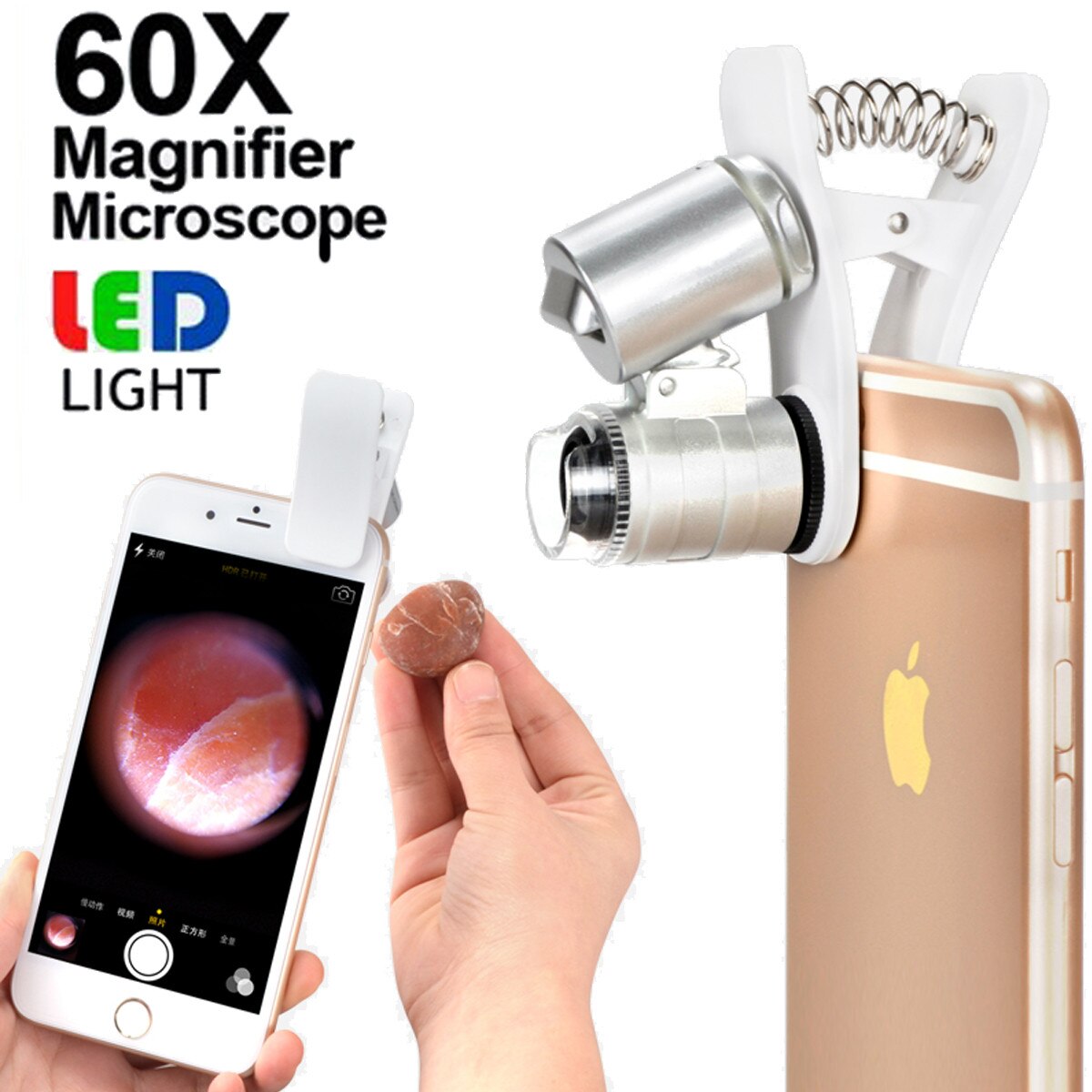 Lente de aumento Universal para teléfono móvil lupa de microscopio portátil para joyería, lupa con luz LED para iPhone 11, 60 aumentos