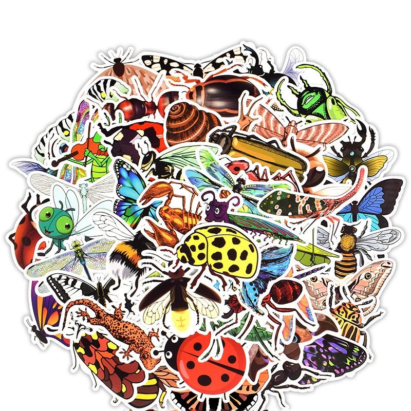 Pegatina de insectos de la naturaleza, calcomanías de mariposa y hormiga para aprendizaje temprano, para Skateboard, Maleta, portátil, cuaderno, 50 Uds.