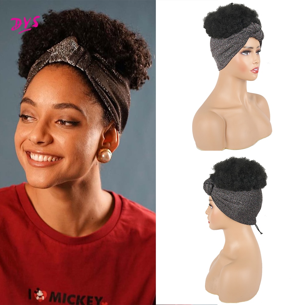 Haute bouffée Turban queue de cheval court crépus bouclés bandeau cordon enveloppement-queue de cheval 2 en 1 Updo tête-enveloppement perruque Turban afro-américaine