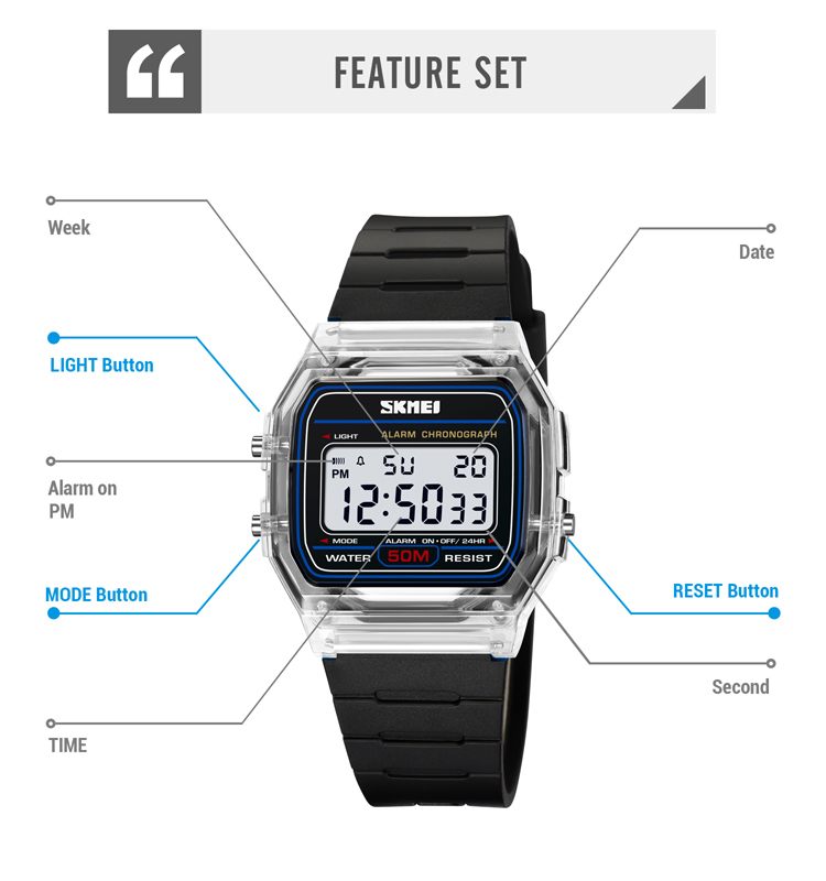 SKMEI, vigor juvenil, reloj de pulsera transparente con correa de TPU para mujer, cronómetro con pantalla de luz trasera, relojes digitales para mujer, reloj para mujer