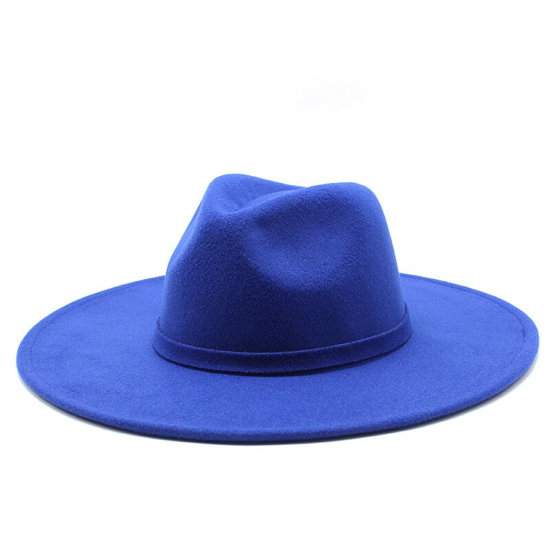 9.5CM Women Men Big Wide Brim Wool Fedora Hat British Style Winter Gentleman Lady Jazz Church Hats: Royal blue