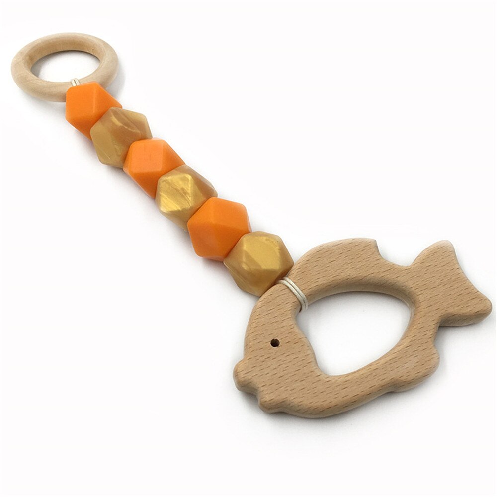 Mordedor de madera para bebé, juguete con cuentas de dentición con de ganchillo de zorro, erizo, elefante, pájaro, juguete para niños, pulsera con cadena para dentición