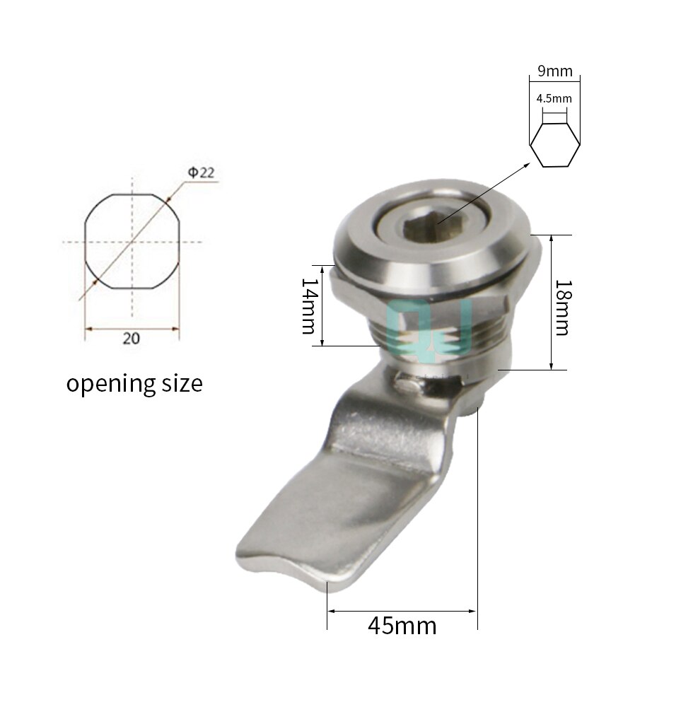 1set 22mm installation Power distribution cabinet lock panel lock 304 stainless steel lock, cam cabinet lock,, tin box,: six angle no key