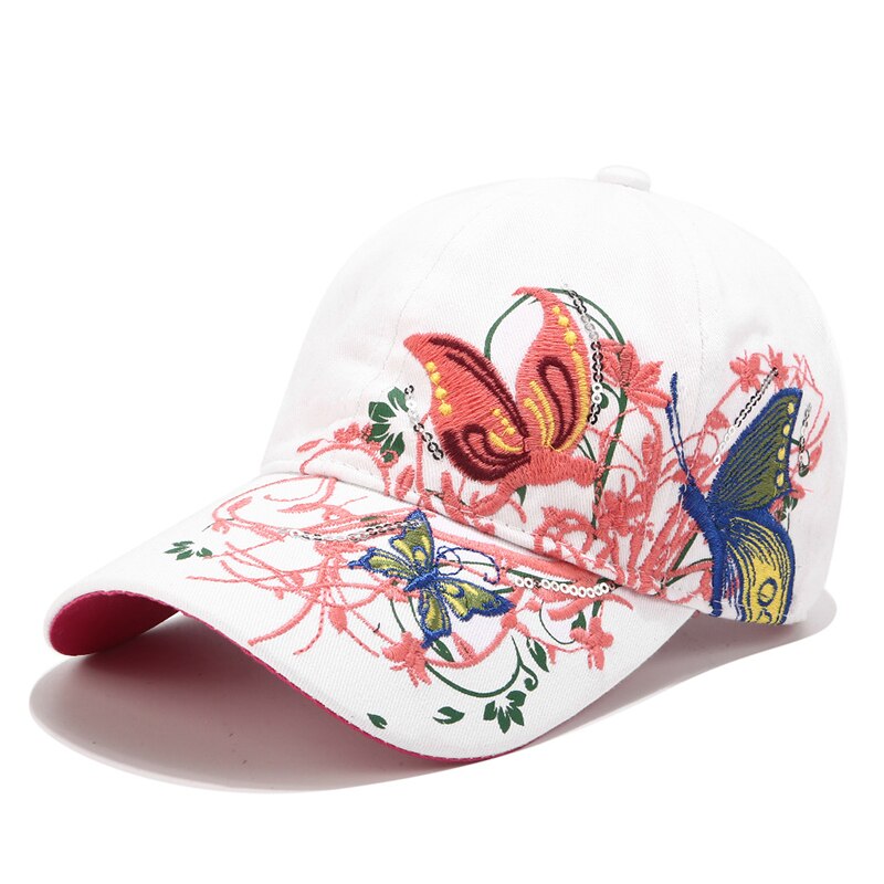 Gorras de béisbol a la para mujer, gorros de béisbol a la de algodón informales para adultos, para exteriores y viajes, Sombreros con bordado de mariposas y flores: White