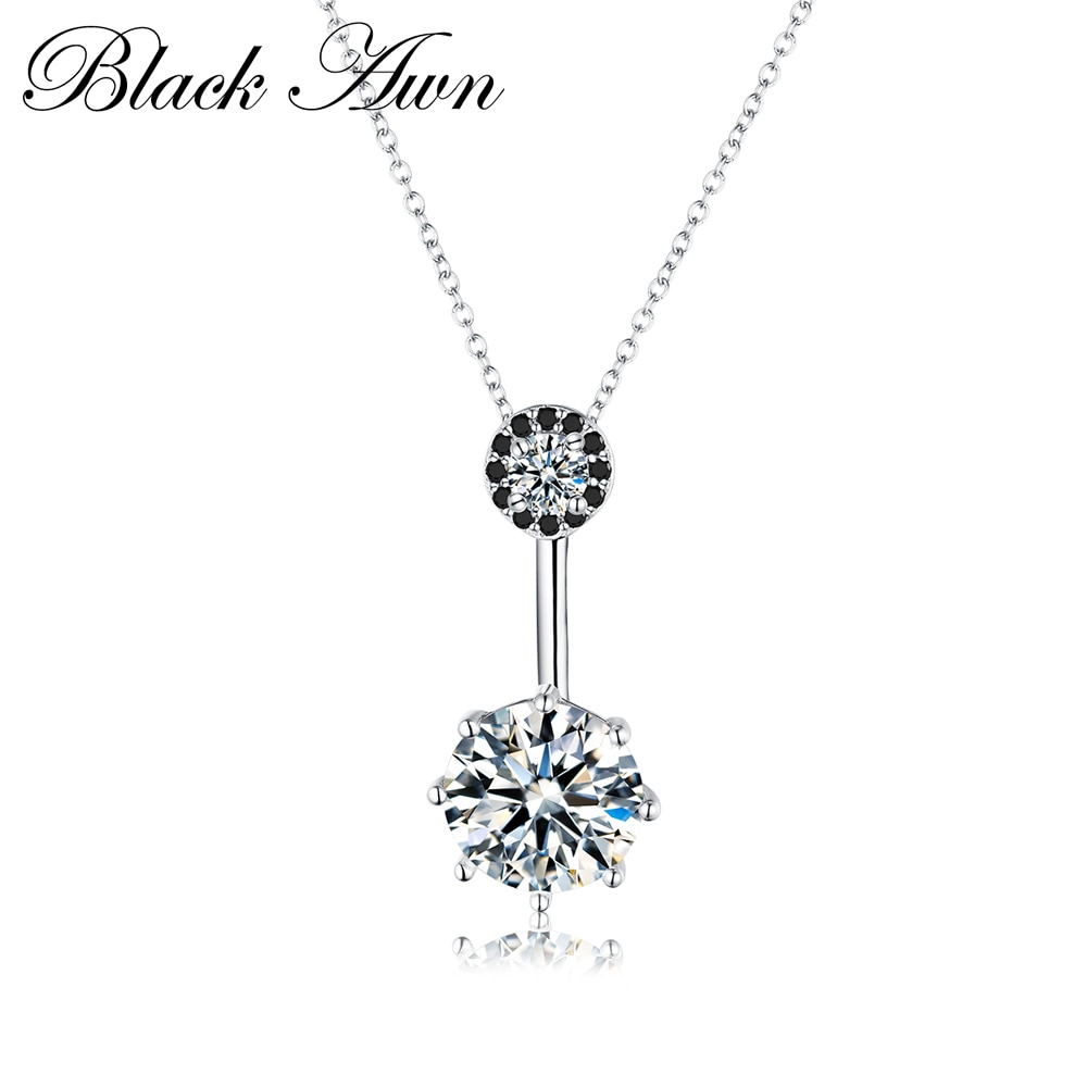 BLACK AWN Fine Jewelry Genuine 4.2g 925 Sterling Silver 3.8Ct Trendy Black&White Stone Necklaces Pendants for Women P002