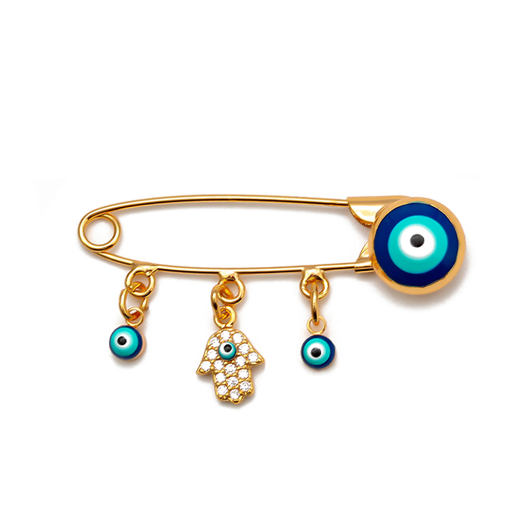 Lucky Eye Oil Blue Turkish Evil Eye Safety Pin Fatima Hamsa Hand Round Charm Brooch Pin for Women Men Jewelry: SILVER PLATED