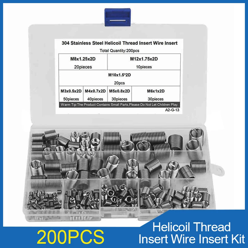 200 stks Helicoil Draad Insert Draad Insert Kit M3 M4 M5 M6 M8 M10 M12 Rvs 304 Schroef Mouw Draad herstel Set