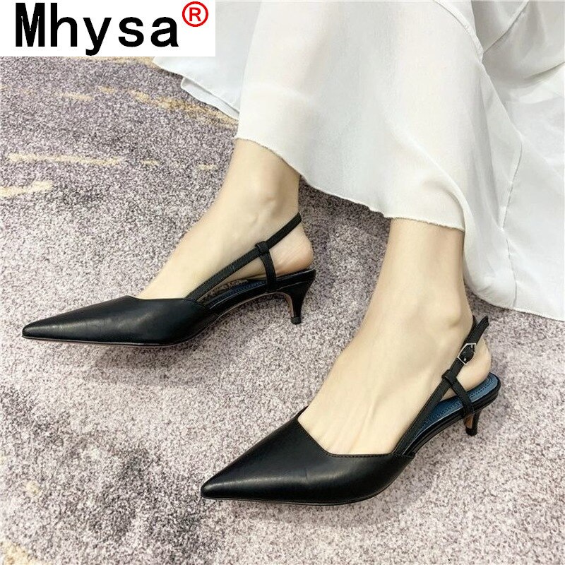 Sandalias altas de piel sintética para mujer, zapatos puntiagudos de tacón medio negro, cómodos, con hebilla, para verano,