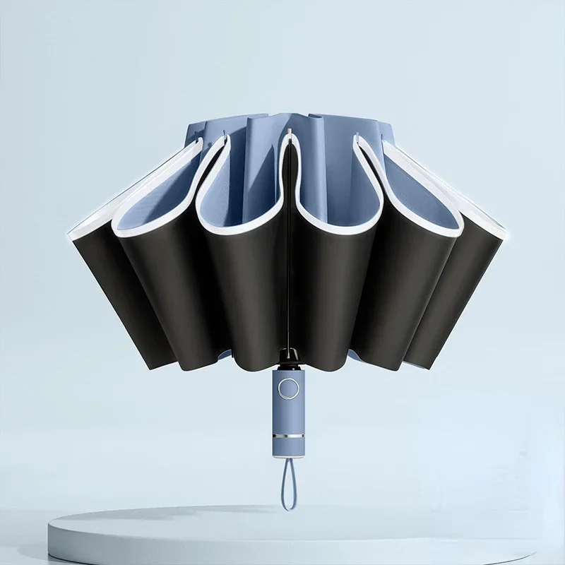 Paraguas totalmente automático para hombre y mujer, sombrilla plegable inversa con rayas reflectantes a prueba de viento y rayos UV: Azul