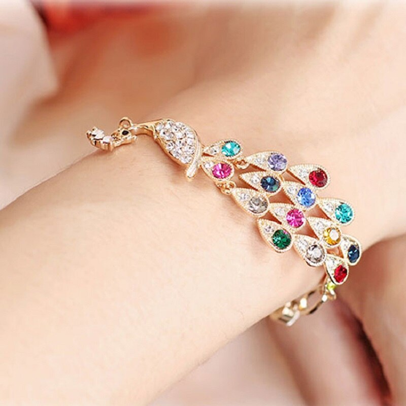 Bracelet paon coloré en alliage arc-en-ciel pour femmes, bijoux en cristal, à la ,