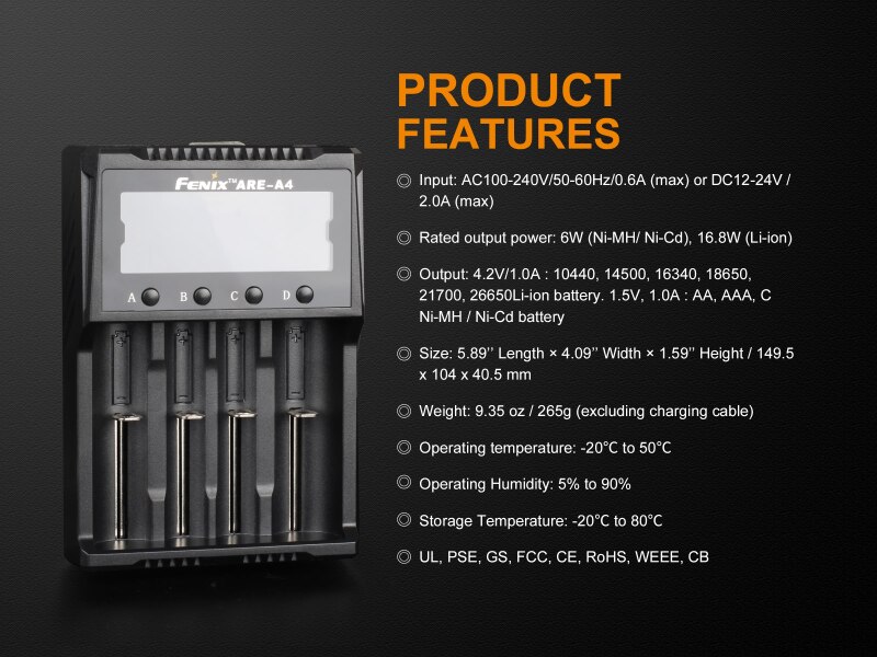 Fenix ARE-A4 Li-Ion NiMH Intelligente Acculader met Auto Adapter voor RCR123 18650 16340 14500 26650 AA AAA