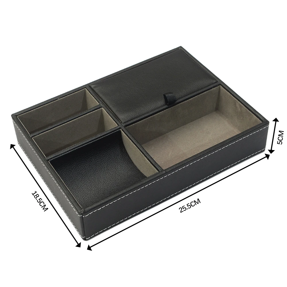 Bandeja organizadora de mesita de noche de cuero Pu para hombre, escritorio, vestidor, caja de almacenamiento superior, joyería, llaves, teléfono, billetera, accesorios para reloj, 1 ud.: Negro
