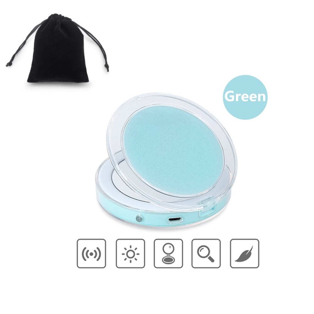 Espejo de maquillaje plegable con luz led 5 veces aumento espejo cosmético anillo de belleza espejo de luz foto Luz de relleno espejos pequeños: Green with bag