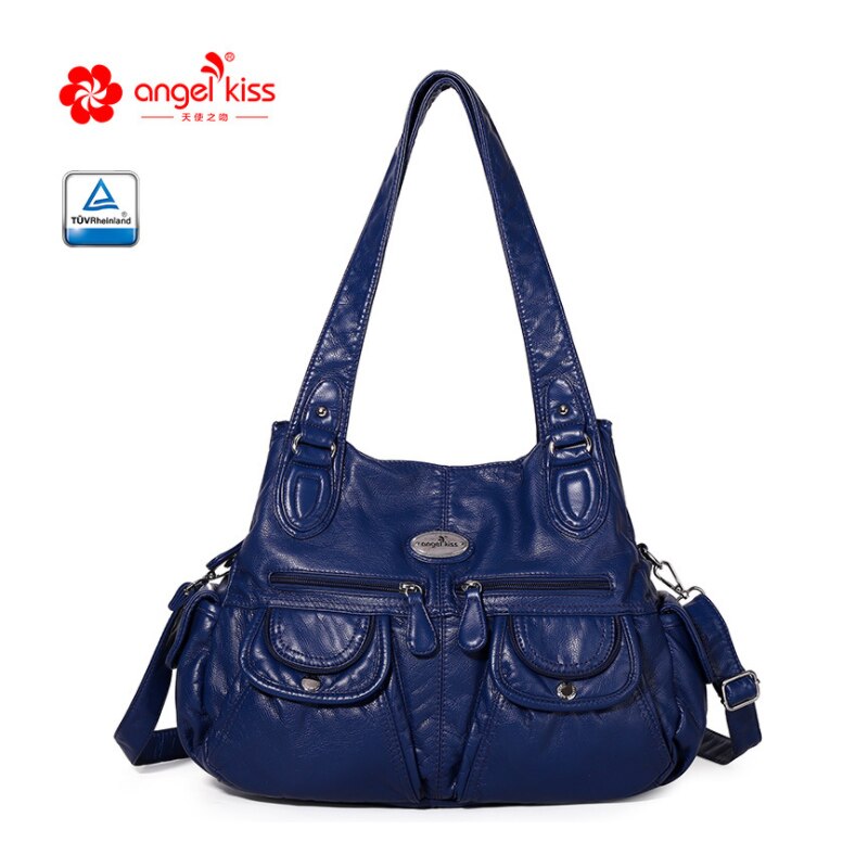 RURU monkey Bag For Women Women's PU Material Solid Color Multi-pocket Large Capacity Ladies Shoulder Bag: Blue