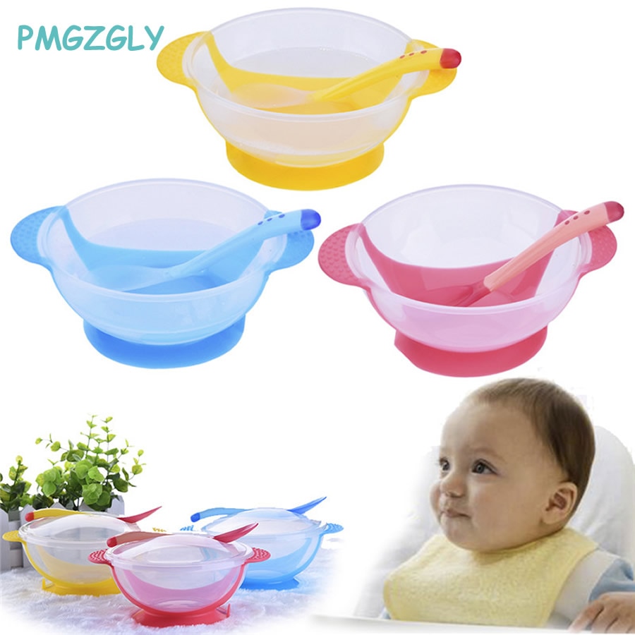 Alimentação sólida bebê pratos de alimentação utensílios de mesa crianças tigela comida temperatura sensing colher + prato capa pratos louça conjunto