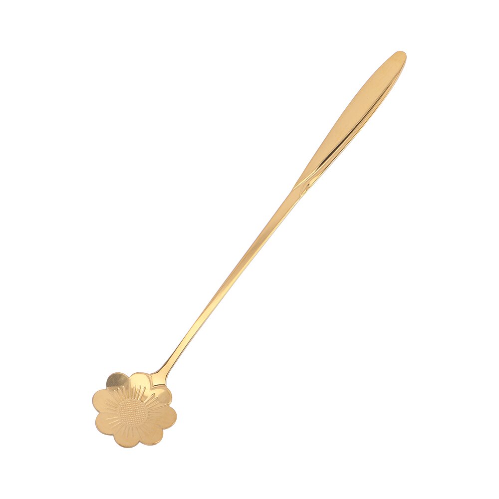 Flowers Gold Spoon Long Handle Dessert Tea Coffee Mixing Spoon Stainless Steel Vintage Teaspoons Drink Tableware: D-Gold