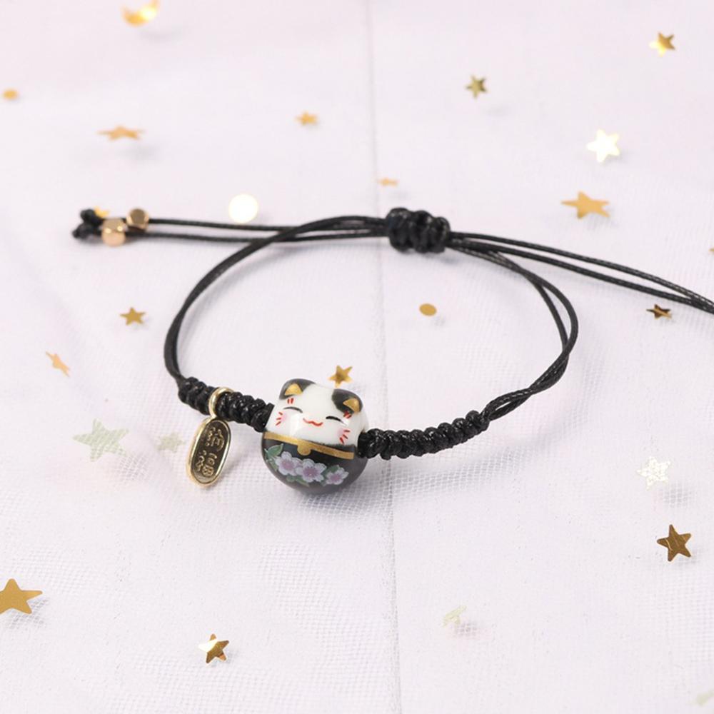 Handgemaakte String Kleurrijke Touw Lucky Cat Verstelbare Armband Voor Vrouwen Meisjes Verjaardag Zoete Kwastje Mode Armbanden Femme: Black