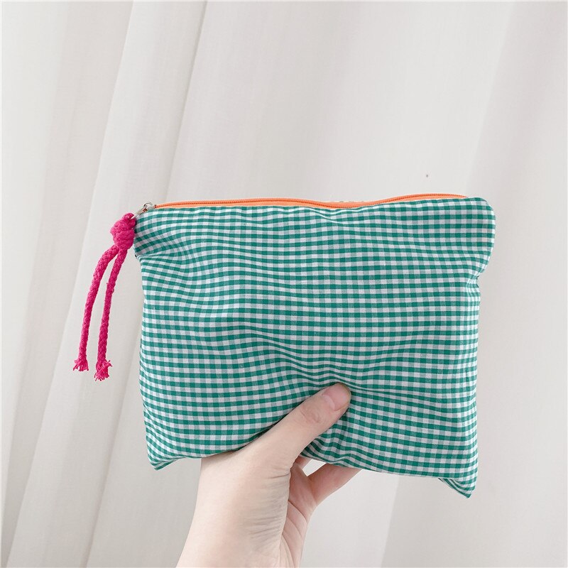 Bolsa de cosméticos coreana a cuadros para mujer, bolso de rejilla para mujer, bolso de mano de viaje, almacenamiento de lavado de teléfono, organizador de maquillaje, bolsa de aseo para niña: green