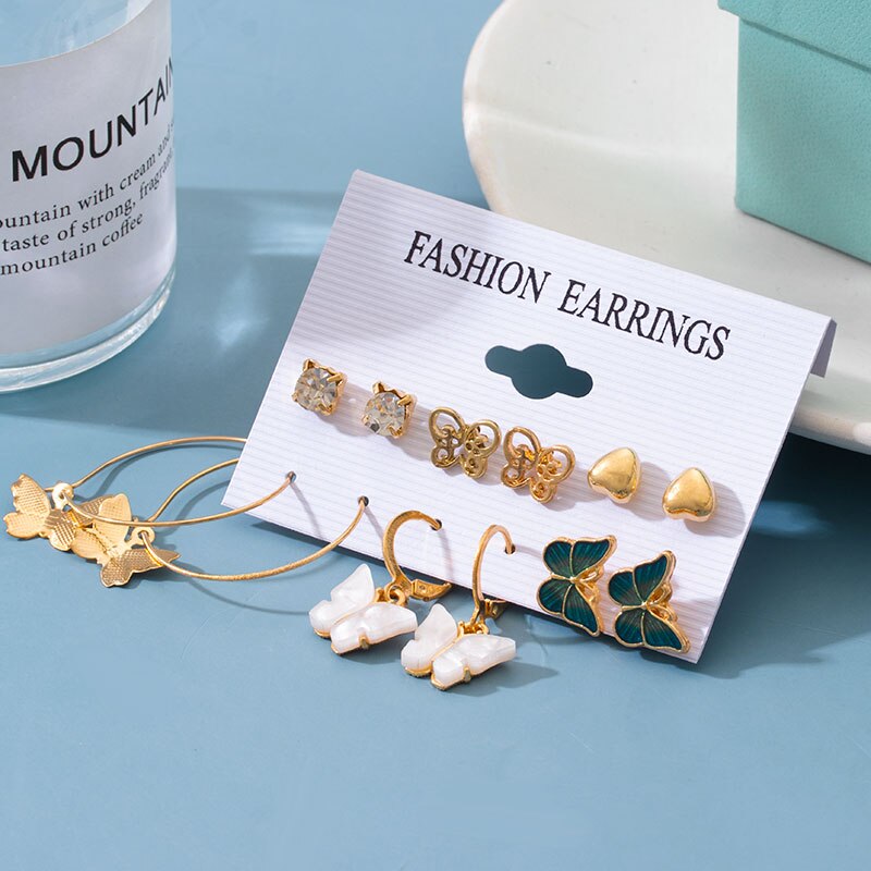Women's Earrings Pearl Butterfly Earrings Set For Women Bohemian Jewelry 2022 Geometric Heart Crystal Small Stud Earring: 710