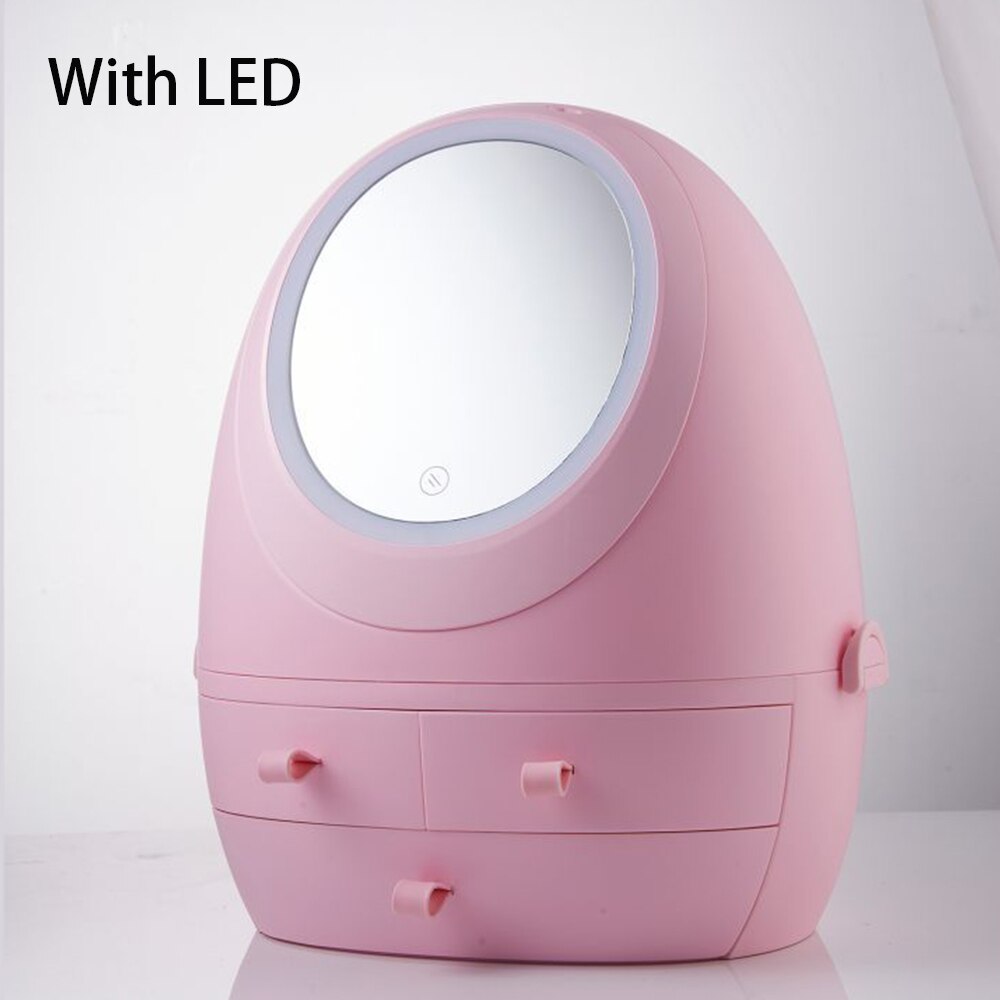 Makeup Organizer Cosmetic Storage Box With LED light Jewelry Container Dust proof Drawer Waterproof Vanity mirror USB Charging: Pink with LED Light