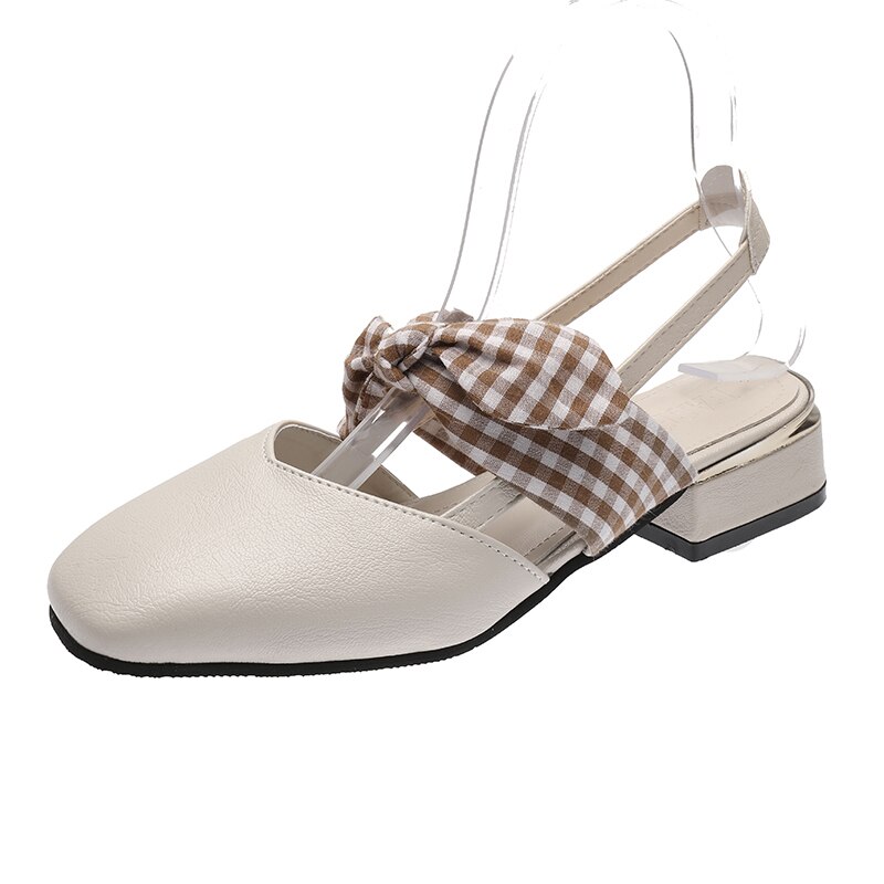 Fairy Tale Plaid Bow Tie Slingback Women Sandals Covered Toe High Heel Shoes Women Slip on Square Toe Sandals