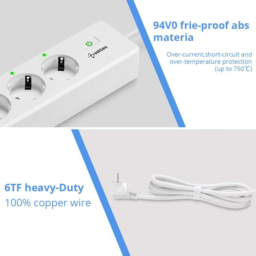 Wifi Smart Power Strip 4 EU Outlets Plug with 4 USBCharging Port Timing App Voice Control Work with Alexa Google Home Assistant