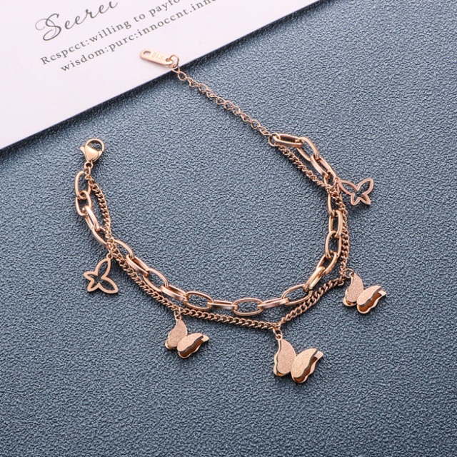 Bracelets en acier inoxydable 316l pour femmes, bijoux haut de gamme, multi-éléments, 2 couches papillon, breloque à chaîne épaisse, Bracelets pour femmes: Rose Gold