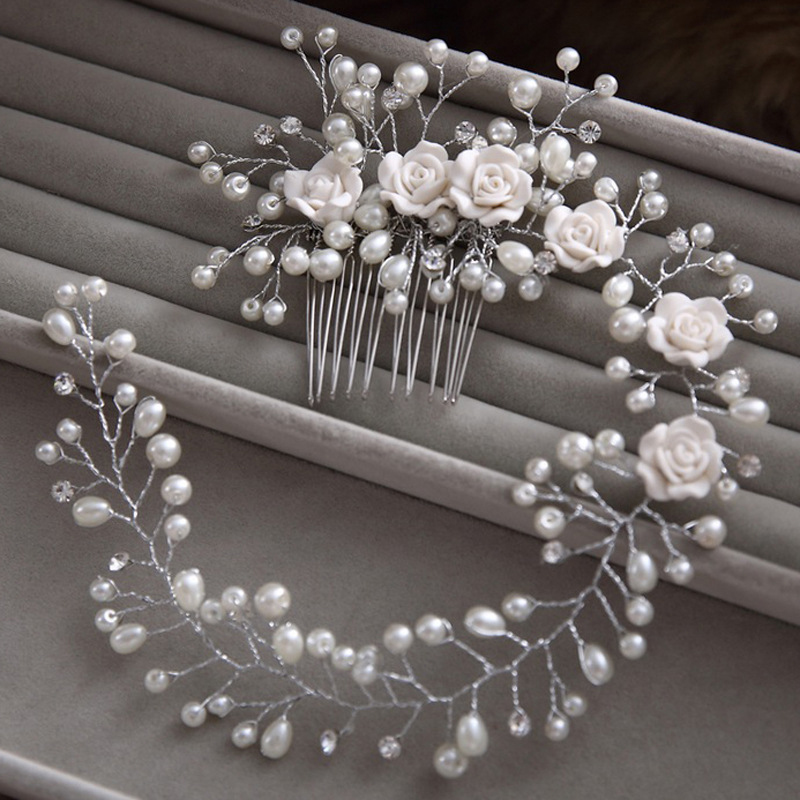 Coiffure de mariage perle bandeau fleur blanche bandeaux faits à la main brosse à cheveux mariée cheveux bijoux peigne à cheveux