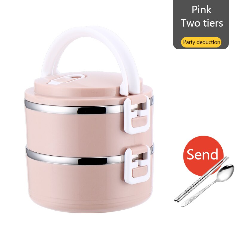 Container Stainless Steel Thermal Lunch Box Layers Sealed Grid Hidden Hand Tableware Students Adult Lunch Box: Square buckle double layer Northern Europe pink  with stainless steel chopsticks and spoon