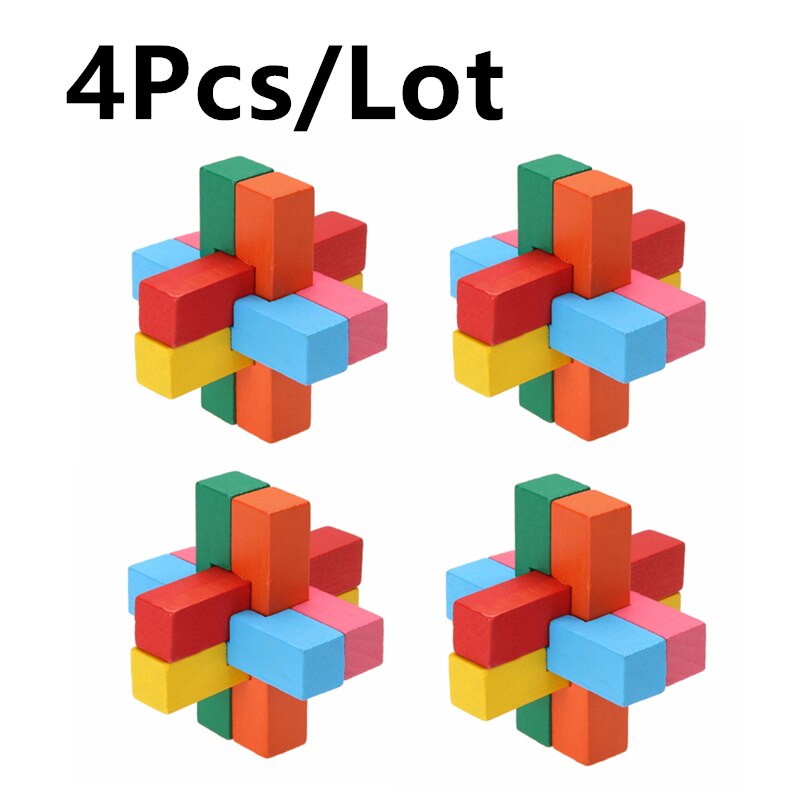 4 Stks/partij 3D Kleurrijke Kong Ming Luban Lock Houten Speelgoed Puzzel Hersenen Tease Kinderen Speelgoed Puzzel Speelgoed Voor Kinderen volwassenen Hout Speelgoed: Default Title