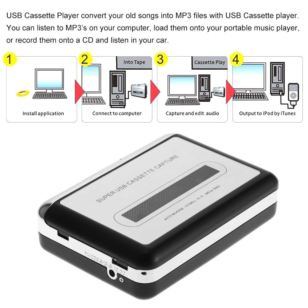 Reproductor de Cassette portátil, captura grabadora de Cassette a través de USB, Compatible con portátiles y cinta de conversión de PC, cas
