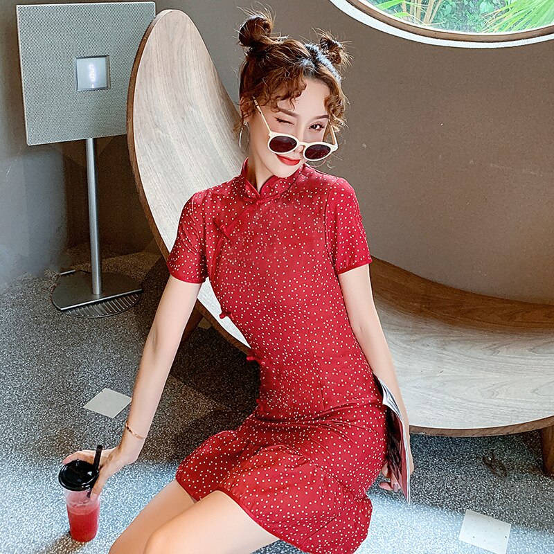 Röda bomulls cheongsam fishtail klänningar elastisk bomull sjöjungfru qipao kortärmad klassisk prick qipao mantel orientale