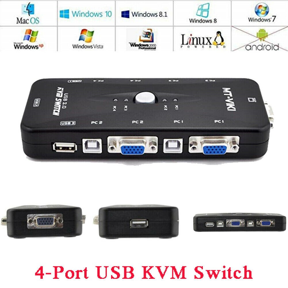 200MHz Video Monitor 4-Port USB 2.0 KVM Switch Mouse/Keyboard/VGA 1920x1440