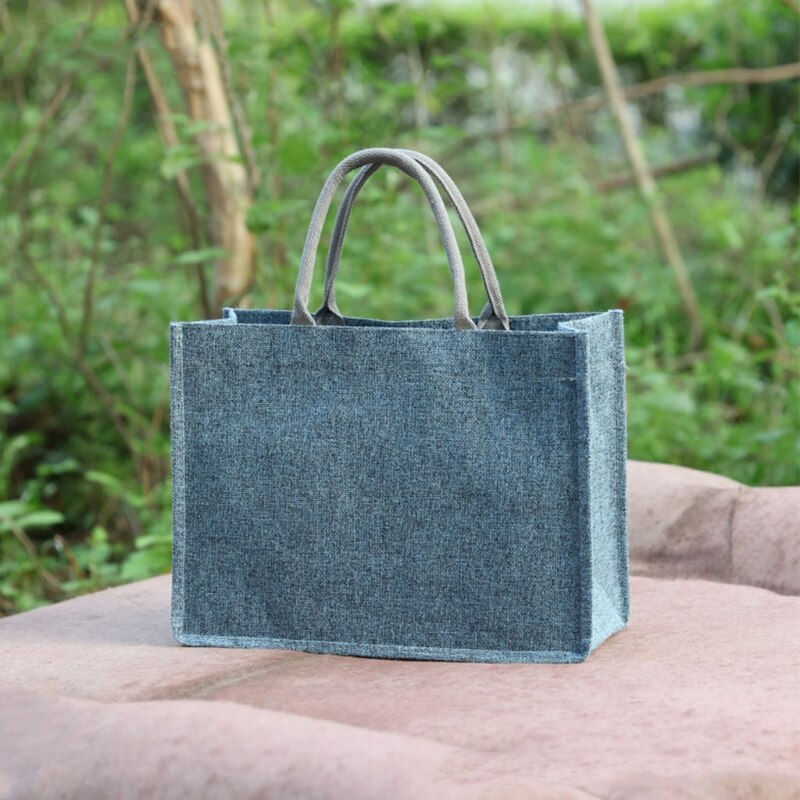 Jute jute-tote store genanvendelige indkøbstasker med håndtag kvinder indkøbstaske strand rejse opbevaring organizer  x7ya: Bl-l