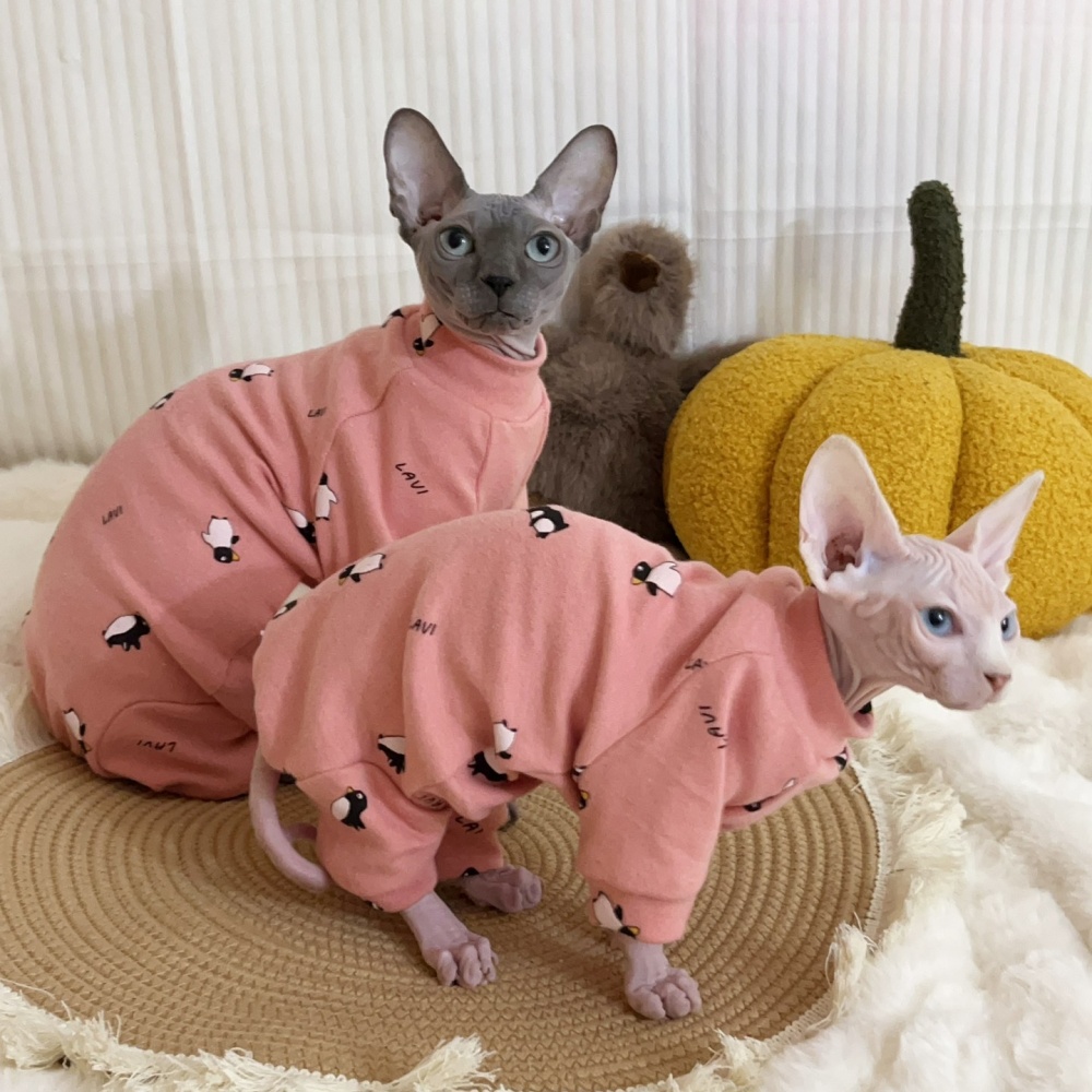 Lange mouwen katoenen 4-poots jas voor Sphynx kat zacht cartoon shirt voor kittens honden roze witte pyjama voor vrouwelijke kat dierbenodigdheden: S / Rood