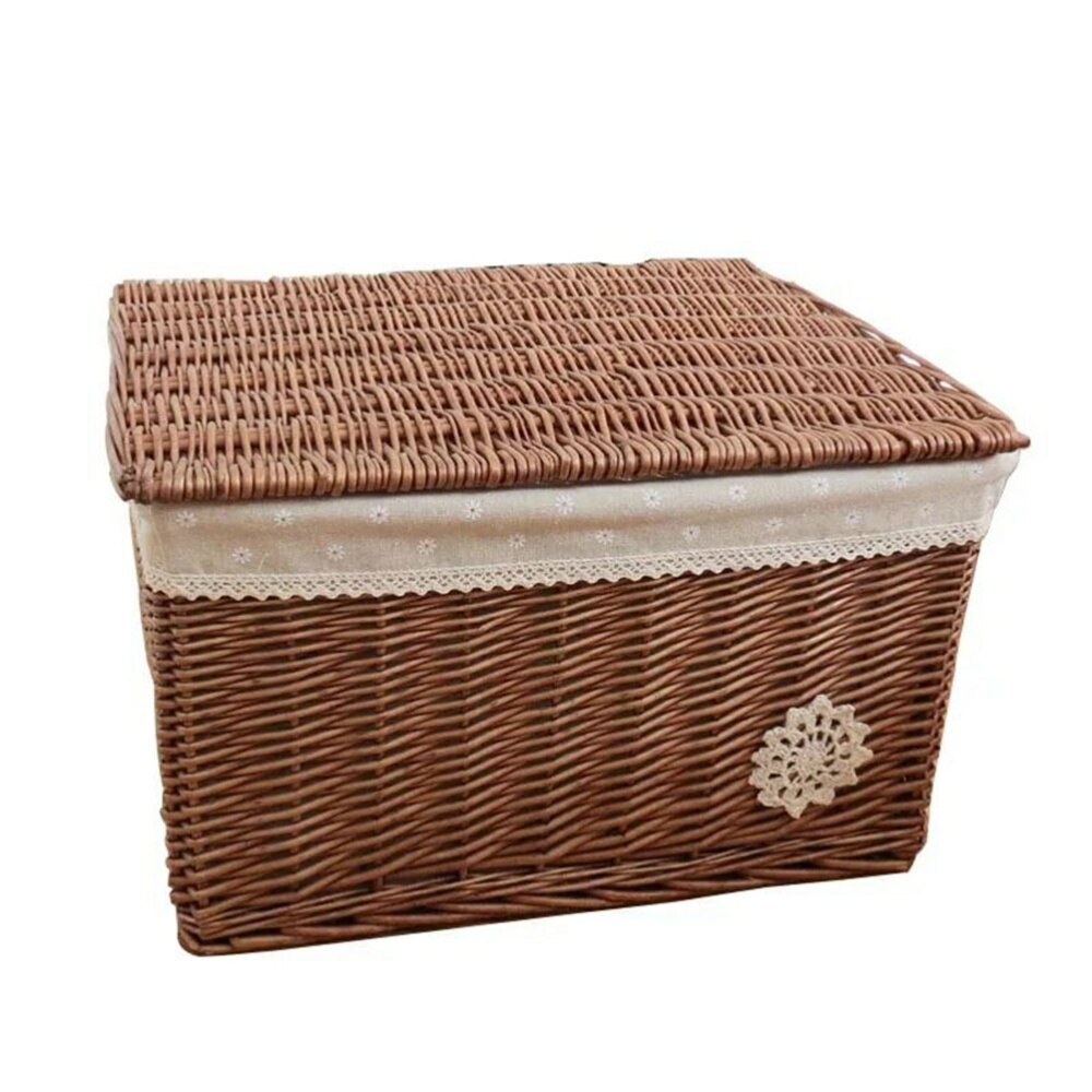 Wicker Basket with Cover Rattan Woven Basket Cosmetic Storage Box for