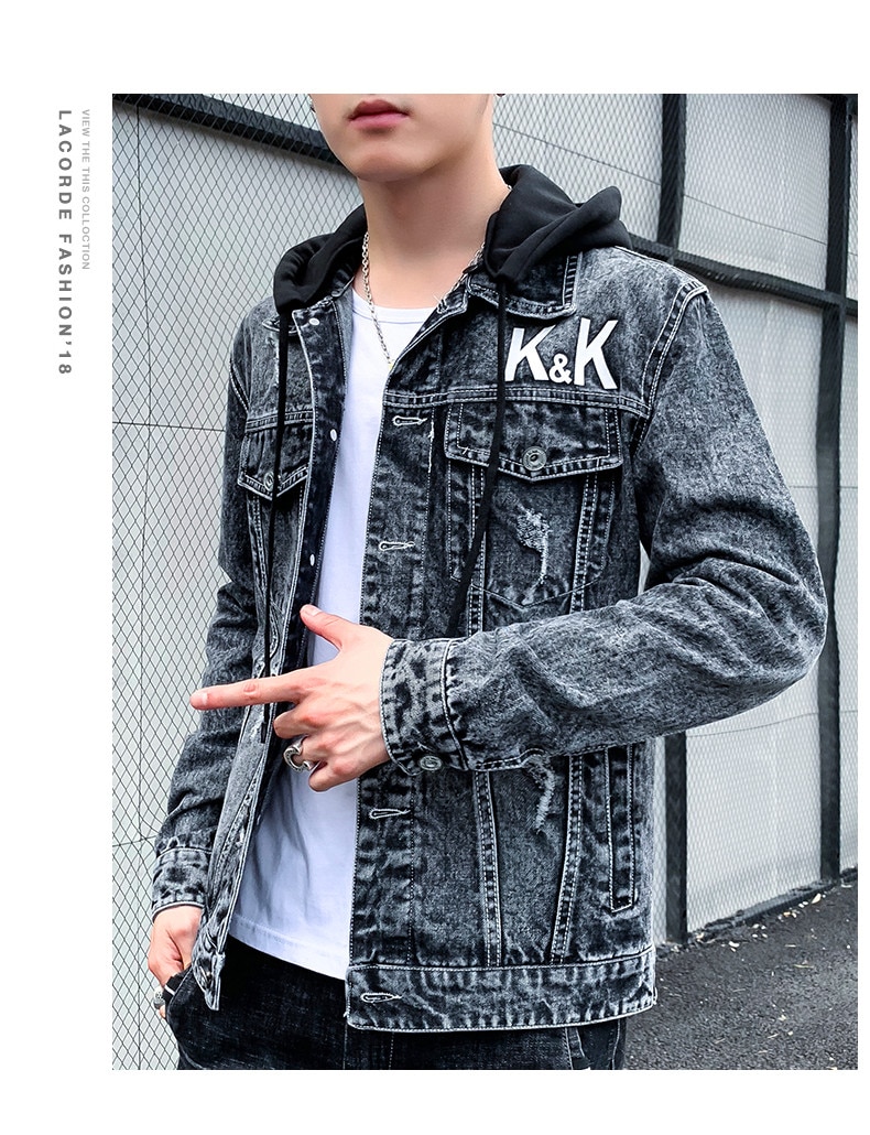 Thickness Men's Denim Jacket Hooded Detachable Ripped Decoration Single Breasted Pocket Spring Autumn Male Washable Coat