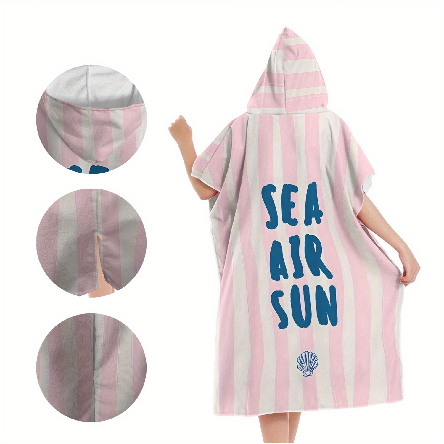 1 Stück "Meer Luft Sonne" Surfen-Poncho-Handtuch, Polyester-Umziehrobe mit Kapuze für Höhle Strand, Rosa-Weiß gestreifter Badeponcho, für Erwachsene und freundlicher