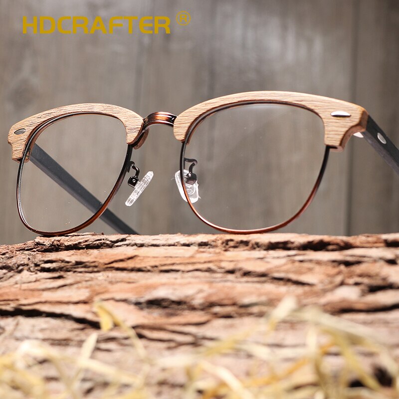 HDCRAFTER Vintage Optical Wood Glasses Frame with Clear Lens Men Women Half Frame Wooden Reading Glasses Eyeglasses Frame